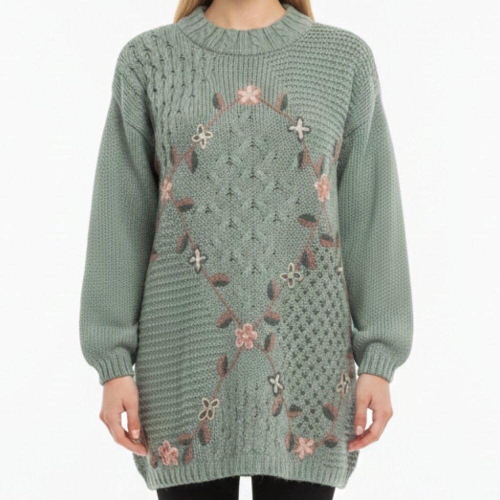 Shenanigans Vintage Hand Knit Floral Sweater Sage Green Size M Made in Korea